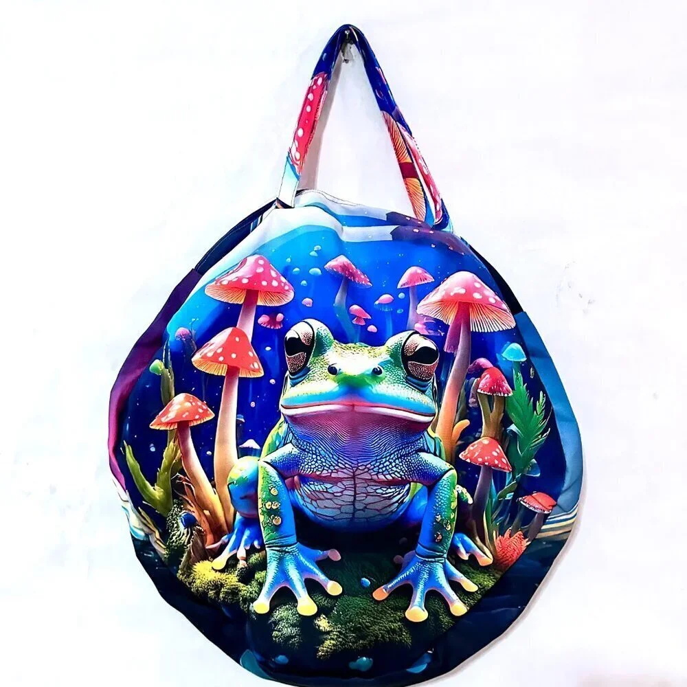 Psychedelic Mushroom Frog Gigantic Round Tote Huge Canvas Circle Bag 3D Festival